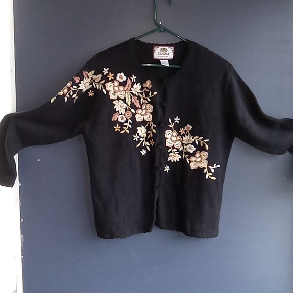 Tiara Sweaters - Tiara International black flowered button sweater/cardigan size l…
